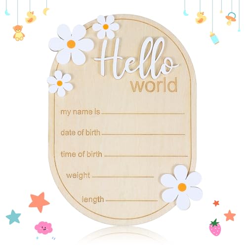 Piriuuo Hölzernes Hello World Neugeborenen-Schild, 15 cm Baby Ankündigungsschild Geburt Ankündigung Schild Baby Name Schild mit Blume Baby Shower Krankenhaus Kindergarten für Neugeborene Jungen und von Piriuuo