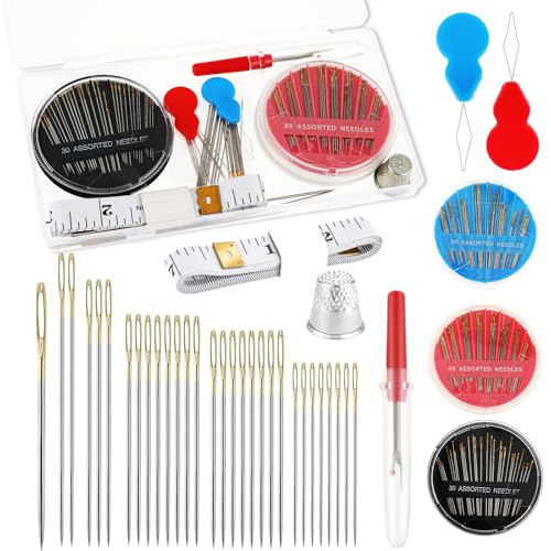 Piriuuo Premium-Nähnadel-Set, 90 Stück, sortierte Nähnadeln, Sticknadeln mit Einfädlern, Fingerhut, Fadenentfernungswerkzeug, weiches Maßband für Handnähte, Teppich- und Leinwandreparatur von Piriuuo