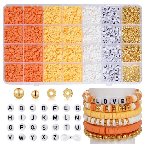 Tonperlen-Armband-Set, Polymer-Ton-Perlen, Buchstabenperlen, Goldperlen für Schmuckherstellung (Orange, Gelb, Weiß) von Pistha