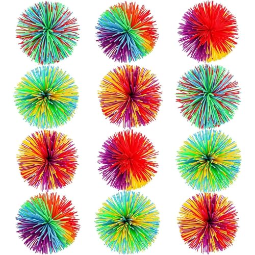 Piucrty Mitgebsel Kindergeburtstag Regenbogen Wuschelball 12Pcs Gastgeschenke Stressball Kinder Give Aways Kleinigkeiten Stringy Balls Tombola Preise Sensorik Gummiball Wundertüte Kleine Geschenke von Piucrty