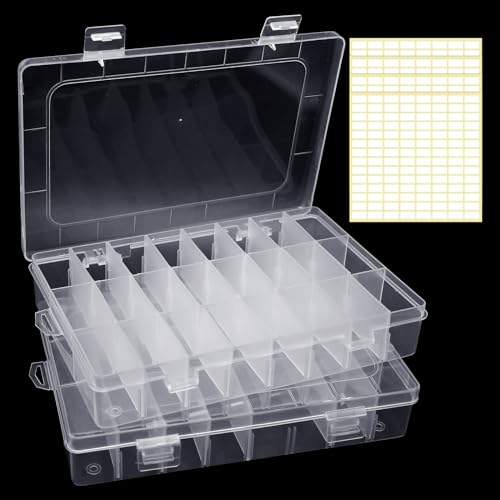 Piuluvor® 2 STK 24 Fächer Sortierboxen für Kleinteile Aufbewahrungsbox Kleinteile mit Verstellbaren, Trennwänden Kunststoff Transparente Sortierboxen für Schmuck, Perlen mit 4 Aufkleber von Piuluvor