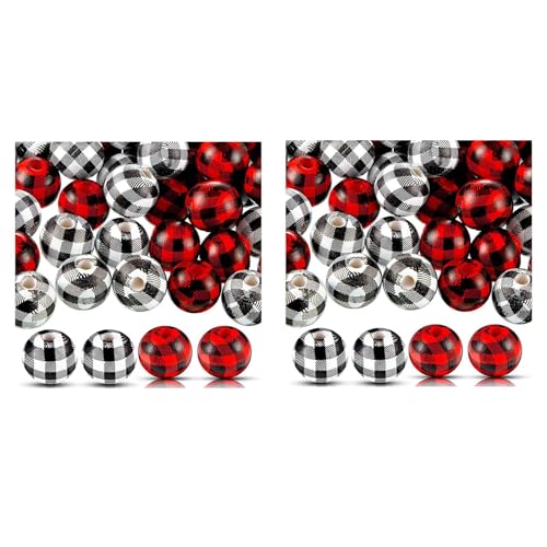 Piuusngy 200 Stück Holzperlen Druck Holzperlen Runde Perlen Poliert Spacer Perlen (Rot-Schwarz, Weiß-Schwarz) von Piuusngy