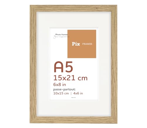 Pix FRAMES Bilderrahmen 15x21/10x15 cm A5 - Idea Pass Kollektion - Holzrahmen mit Passepartout - Picture Frame - Holzbilderrahmen - Holz Bilderrahmen - Fotorahmen - Eiche von Pix FRAMES