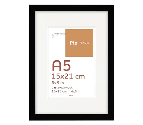 Pix FRAMES Bilderrahmen 15x21/10x15 cm A5 - Idea Pass Kollektion - Holzrahmen mit Passepartout - Picture Frame - Holzbilderrahmen - Holz Bilderrahmen - Fotorahmen - Schwarz von Pix FRAMES