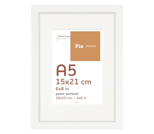 Pix FRAMES Bilderrahmen 15x21/10x15 cm A5 - Idea Pass Kollektion - Holzrahmen mit Passepartout - Picture Frame - Holzbilderrahmen - Holz Bilderrahmen - Fotorahmen - Weiß von Pix FRAMES