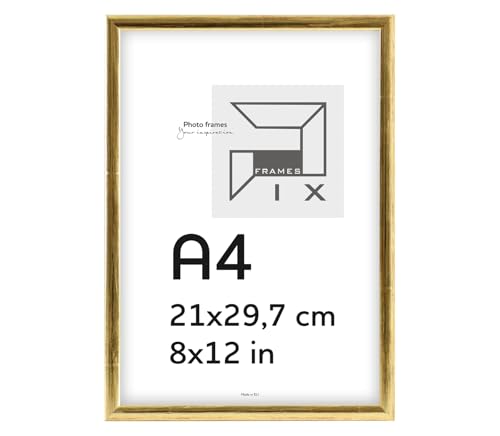 Pix FRAMES Bilderrahmen A4- Fotorahmen aus Holz - Rahmen mit Scheiben aus Plexiglas - Rahmen zum Aufhängen und Aufstellen - Modern Photo Frame - 21x29,7 cm - Gold von Pix FRAMES