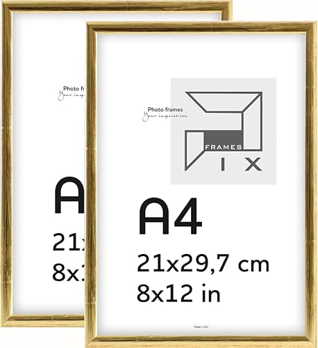 Pix FRAMES Bilderrahmen A4- Fotorahmen aus Holz mit Scheiben aus Plexiglas - Rahmen zum Aufhängen und Aufstellen - Modern Photo Frame - 21x29,7 cm x2 Set - Gold von Pix FRAMES