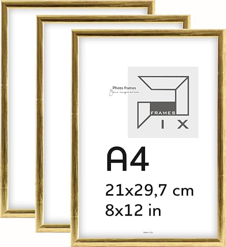 Pix FRAMES Bilderrahmen A4- Fotorahmen aus Holz mit Scheiben aus acrylglas - Rahmen zum Aufhängen und Aufstellen - Modern Photo Frame - 21x29,7 cm x3 Set - Gold von Pix FRAMES