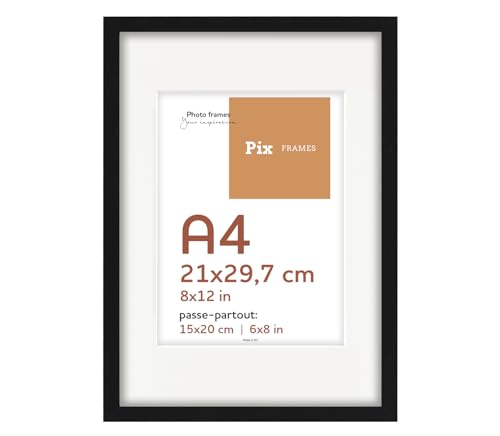 Pix FRAMES Bilderrahmen A4 - Idea Pass Kollektion - Holzrahmen mit Passepartout - Picture Frame - Holzbilderrahmen - Holz Bilderrahmen - Fotorahmen 21x29,7/15x20 cm - Schwarz von Pix FRAMES