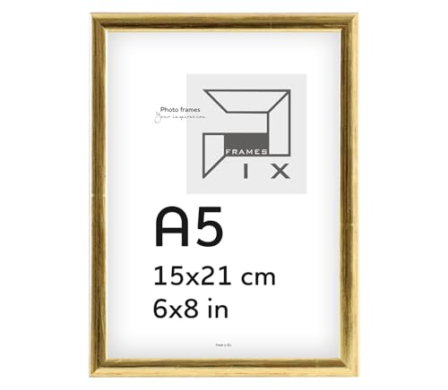 Pix FRAMES Bilderrahmen A5 - Fotorahmen aus Holz - Rahmen mit Scheiben aus Plexiglas - Rahmen zum Aufhängen und Aufstellen - Modern Photo Frame - 15x21 cm - Gold von Pix FRAMES