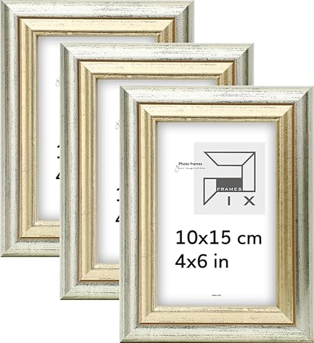 Pix FRAMES Bilderrahmen Vintage 10x15 cm 3er Set Fotorahmen aus Holz mit Scheiben aus Plexiglas - Retro Rahmen zum Aufhängen und Aufstellen - Gealterter Fotorahmen - Silber-Gold von Pix FRAMES