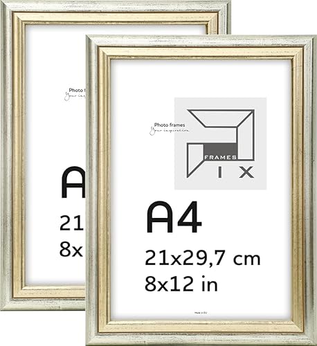 Pix FRAMES Bilderrahmen Vintage A4 2er Set Fotorahmen aus Holz mit Scheiben aus Plexiglas - Retro Rahmen zum Aufhängen und Aufstellen - Gealterter Fotorahmen - 21x29,7 cm - Silber-Gold von Pix FRAMES