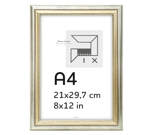 Pix FRAMES Bilderrahmen Vintage A4 - Fotorahmen aus Holz mit Scheiben aus Plexiglas - Retro Rahmen zum Aufhängen und Aufstellen - Gealterter Fotorahmen - 21x29,7 cm - Silber-Gold von Pix FRAMES