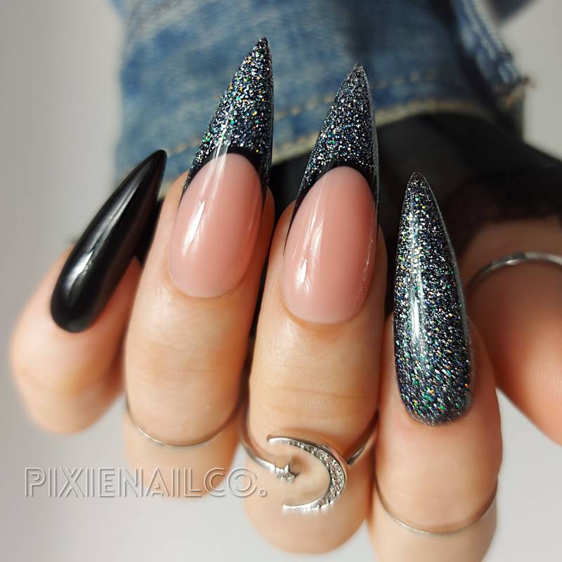 Schwarz Und Halo Silber Glitter French Tip Press On Nails, Hard Gel Ons, Luxury Custom Nails von PixieNailCo