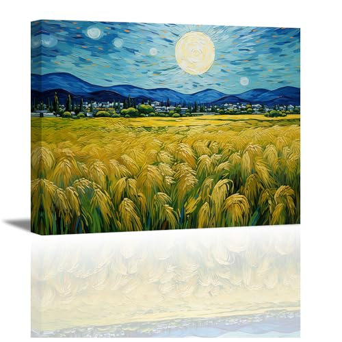 Piy Painting Bilder auf Leinwand, Weizenfeld im Mondlicht, Landschaft Ölgemälde Wanddekoration, Leinwandbild Druck auf Leinwand, Wandbilder für Schlafzimmer Wohnzimmer Deko, mit Innenrahmen 40x30cm von Piy Painting