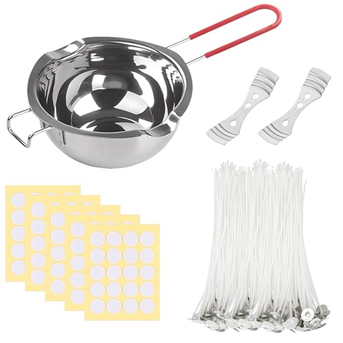 Pizsieat Kerzen Selber Machen Set 100 Dochte für Kerzendochte für Kerzen mit 400ml Schmelztopf, Kerzen Gießen Set Candle Making Kit 100 Dochtaufkleber und 2 Kerzendocht Halter aus Edelstahl von Pizsieat