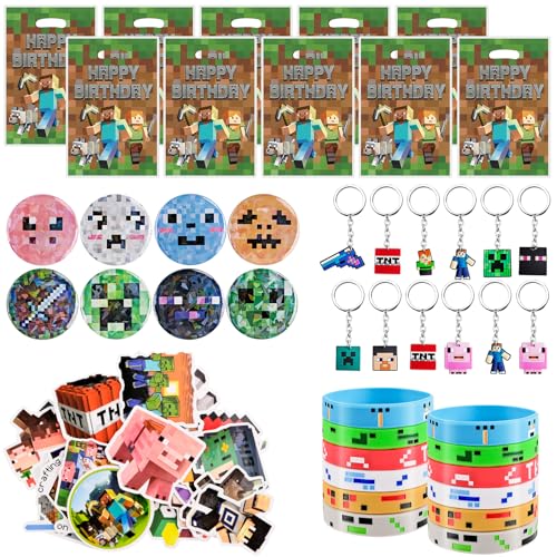 92 Stück Miner Gaming Partytütenfüller Gamer-Partygeschenke mit Gaming-Schlüsselanhänger, Partytüten, Knopfnadeln, Silikon-Armbandaufkleber, Minenarbeiter-Partyzubehör, Pinata, Goodie-Tütenfüller für von Plagufas