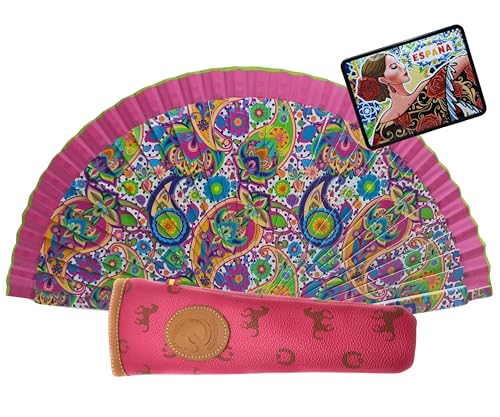 Faltfächer mit handgefertigter Hülle, Fächer aus Holz mit Paisley-Muster, enthält einen schönen Magnet mit Flamingodesign (Fuchsia Paisley) von Planta Color