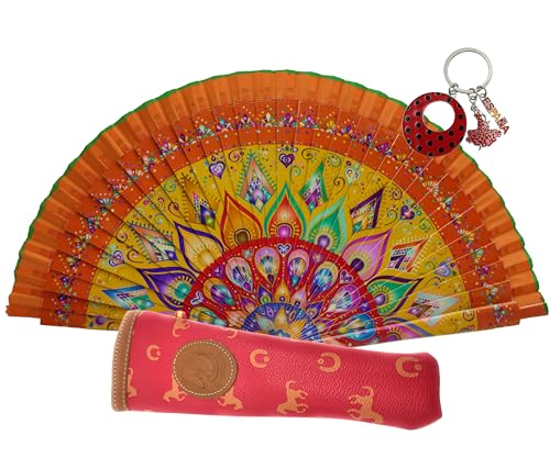 Wunderschöner Fächer mit Mandala-Zeichnung, inklusive handgefertigtem Etui und Schlüsselanhänger im Flamingo-Stil. Schöner Holzfächer mit Hülle, hergestellt in Spanien. (Orange HTG15 FR) von Planta Color