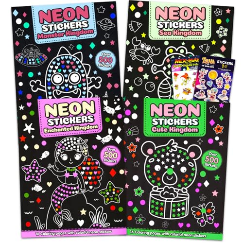 1000+ Neon-Aufkleber für Gastgeschenke, Bündel mit 4 Neon-Aufkleberbüchern mit Malvorlagen, Aktivitätszenen, mehr, Neon-Partyzubehör-Set für Kinder, Jungen, Mädchen von Platinum Series