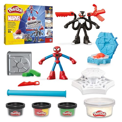 Play-Doh Marvel Spider-Man Netz-Action Set, 2 Spielfiguren und vielen Knetformen, 4 Dosen Modelliermasse in passenden Farben, kreatives für Kinder ab 3 Jahren von Play-Doh