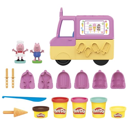 Play-Doh Peppas Eiswagen Bastel-Set, 3 x56g Dosen und 2 x 28 g Dosen Modelliermasse, Peppa und Schorsch Figuren und viele Accessoires und Formen, kreatives für Kinder ab 3 Jahren von Play-Doh