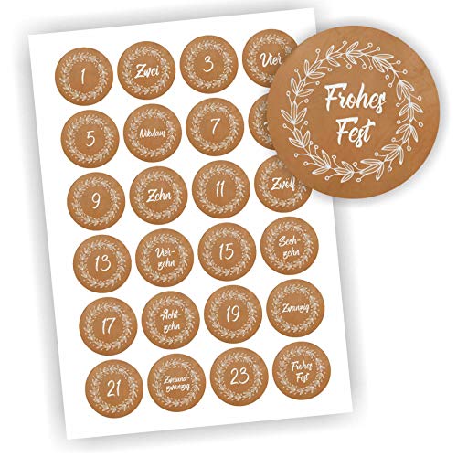 24 Aufkleber Adventskalender Zahlen Fest Weihnachten Aufkleber Sticker DIY Blätter Kraftpapieroptik von Play-Too