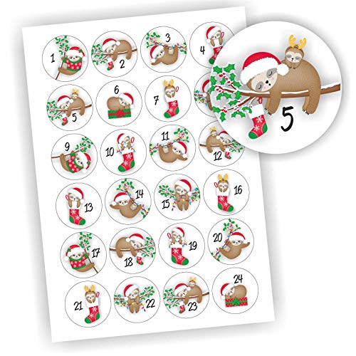 24 Aufkleber Adventskalender Zahlen Fest Weihnachten Aufkleber Sticker DIY Faultier von Play-Too