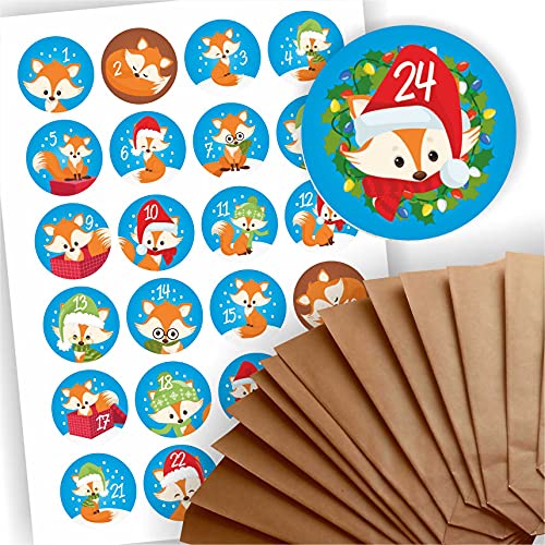 Adventskalender zum Befüllen 24 braune Geschenktüten Kraftpapiertüten + 24 weihnachtliche Aufkleber Fuchs Fox Papiertüte DIY von Play-Too