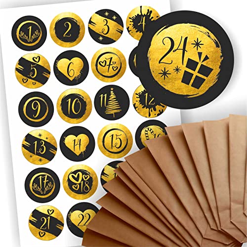 Adventskalender zum Befüllen 24 braune Geschenktüten Kraftpapiertüten + 24 weihnachtliche Aufkleber Goldfarben Papiertüte DIY von Play-Too