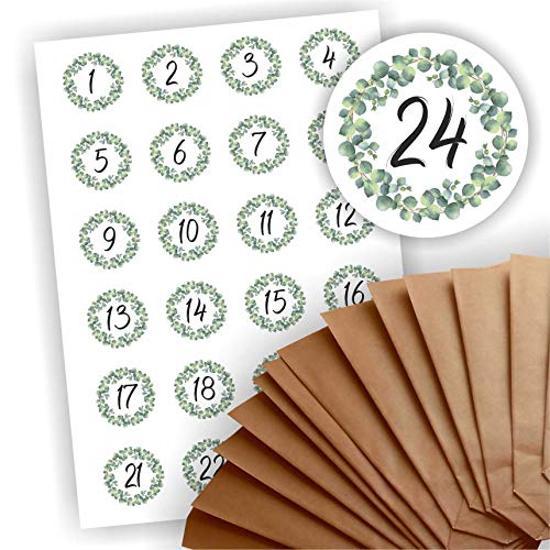 Adventskalender zum Befüllen 24 braune Geschenktüten Kraftpapiertüten + 24 weihnachtliche Aufkleber Papiertüte DIY Eukalyptus Kranz von Play-Too