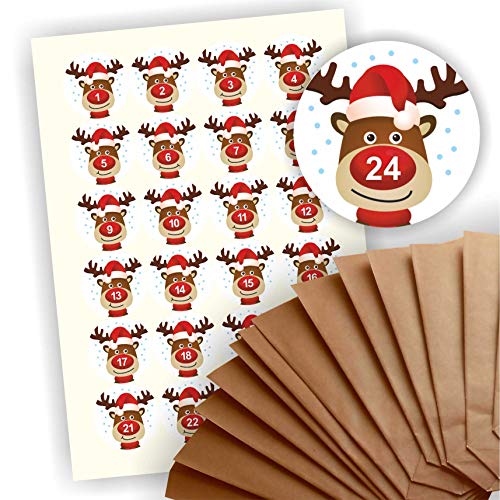 Adventskalender zum Befüllen 24 braune Geschenktüten Kraftpapiertüten + 24 weihnachtliche Aufkleber Papiertüte DIY Rentier Rudi Rudolph Rudolf von Play-Too