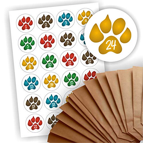 Adventskalender zum Befüllen 24 braune Geschenktüten Kraftpapiertüten + 24 weihnachtliche Aufkleber Papiertüte DIY Tier Hund Hundepfote von Play-Too