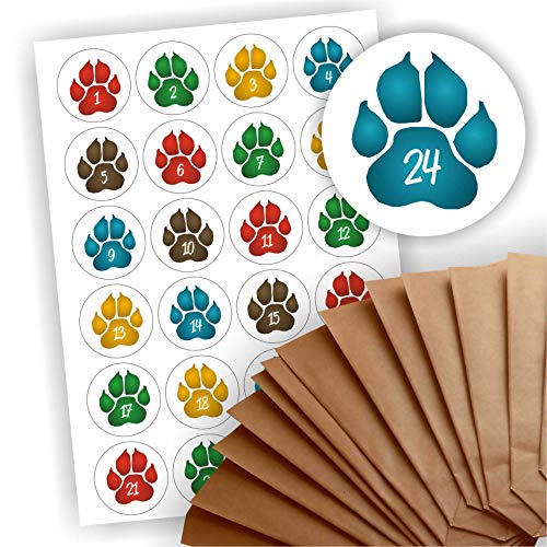 Adventskalender zum Befüllen 24 braune Geschenktüten Kraftpapiertüten + 24 weihnachtliche Aufkleber Papiertüte DIY Tier Katze Katzenpfote von Play-Too