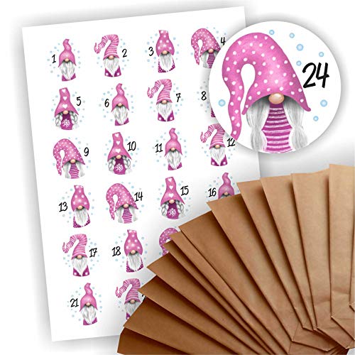 Adventskalender zum Befüllen 24 braune Geschenktüten Kraftpapiertüten + 24 weihnachtliche Aufkleber Papiertüte DIY Wichtel rosa Mütze von Play-Too