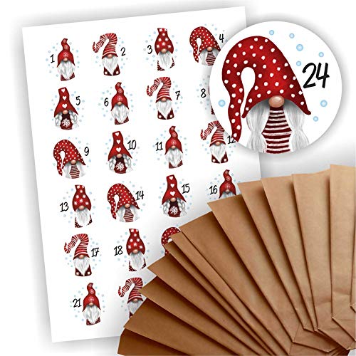 Adventskalender zum Befüllen 24 braune Geschenktüten Kraftpapiertüten + 24 weihnachtliche Aufkleber Papiertüte DIY Wichtel rote Mütze von Play-Too