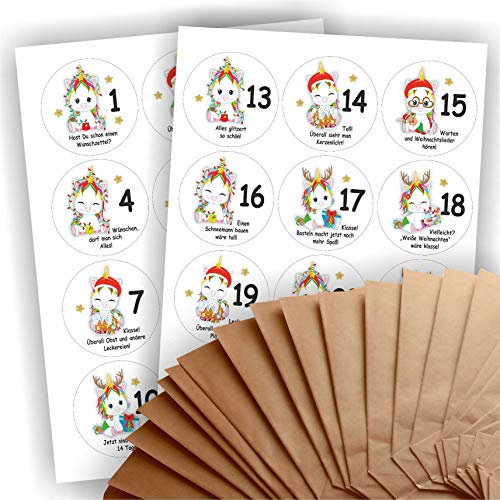 Adventskalender zum Befüllen 24 braune Geschenktüten Natron- oder Kraftpapiertüten + 24 weihnachtliche Aufkleber Papiertüte DIY Einhorn mit Sprüchen Zahlen Adventskalenderzahlen von Play-Too