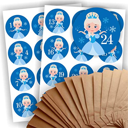 Adventskalender zum Befüllen 24 braune Geschenktüten Natron- oder Kraftpapiertüten + 24 weihnachtliche Aufkleber Papiertüte Zahlen, Adventskalenderzahlen DIY Motive groß Eis Schnee Königin Prinzessin von Play-Too