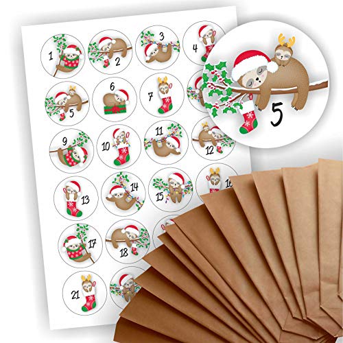 Play-Too Adventskalender zum Befüllen 24 braune Geschenktüten Kraftpapiertüten + 24 weihnachtliche Aufkleber Papiertüte DIY Faultier von Play-Too