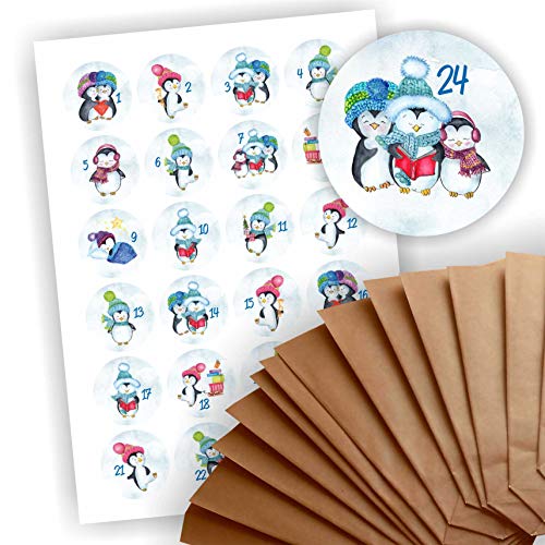 Adventskalender zum Befüllen 24 braune Geschenktüten Kraftpapiertüten + 24 weihnachtliche Aufkleber Papiertüte DIY Pinguin von Play-Too