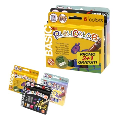 Playcolor 2 + 1 gratis – 3 Boxen mit 6 Gouache-Sticks, 6 x Basic 6 x Metall + 6 x Pastellfarben One gratis – 18 Stück – 81611 von PlayColor