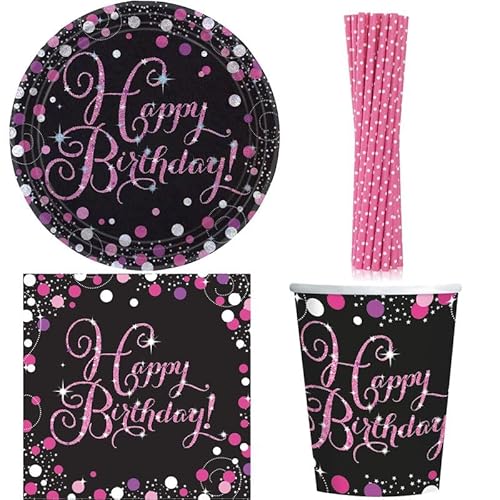 Geburtstag Partyset Partygeschirr Einweggeschirr pink schwarz Happy Birthday Frau Party Deko von Playflip