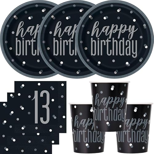 Playflip 13. Geburtstag Partyset Einweggeschirr schwarz Silber 48 TLG. Partygeschirr Teller Becher Servietten von Playflip