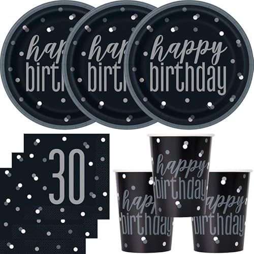 Playflip 30. Geburtstag Partyset Einweggeschirr schwarz Silber 48 TLG. Partygeschirr Teller Becher Servietten von Playflip