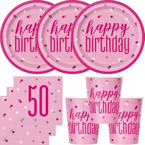 Playflip 50. Geburtstag Partyset Einweggeschirr rosa pink 48 TLG. Partygeschirr Teller Becher Servietten von Playflip