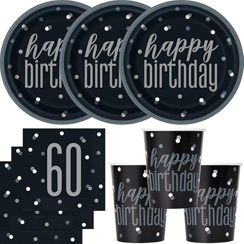 Playflip 60. Geburtstag Partyset Einweggeschirr schwarz Silber 48 TLG. Partygeschirr Teller Becher Servietten von Playflip