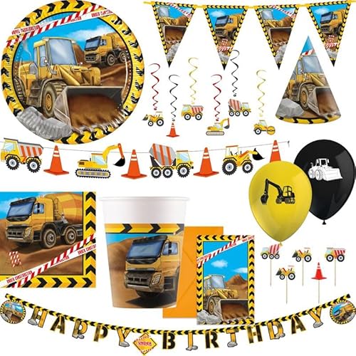 Playflip Kinder Party Set Baustelle Kindergeburtstag Bagger Fahrzeuge Geburtstag Deko Jungs von Playflip