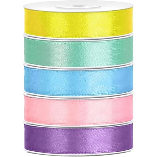 Satin Geschenkband 12mm 5 Farben je 25m lang pastell gelb mit hellblau rosa lavendel Schleifenband Geschenkverpackung Geburtstag Hochzeit Weihnachten 5er Set von Playflip