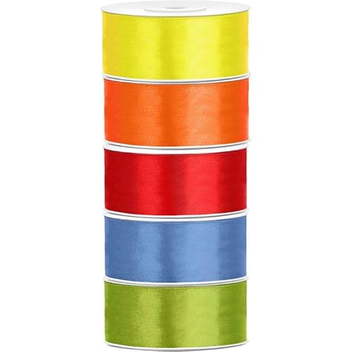 Satin Geschenkband 25mm 5 Farben je 25m lang bunt gelb orange rot blau grün Schleifenband Geschenkverpackung Geburtstag Hochzeit Weihnachten 5er Set von Playflip