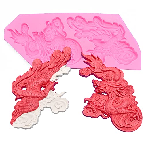 Playing Mold Chinesischer Sternzeichen Drache und Phönix Silikonformen für DIY Kuchen Fondant Kekse Kekse Seife Zucker Pudding Schokolade harte Süßigkeiten Dessert Kerze Dekor (B) von Playing Mold